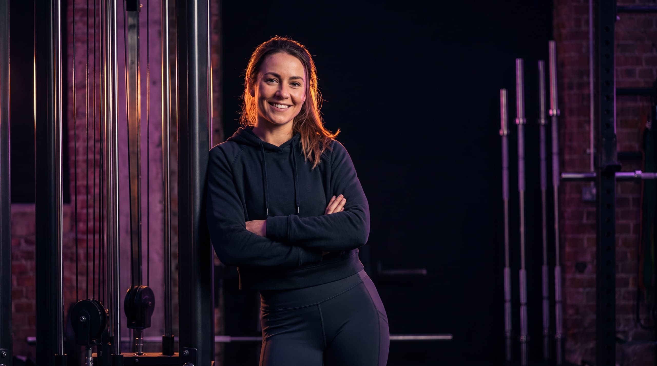 A friendly fitness coach in the gym ready to help