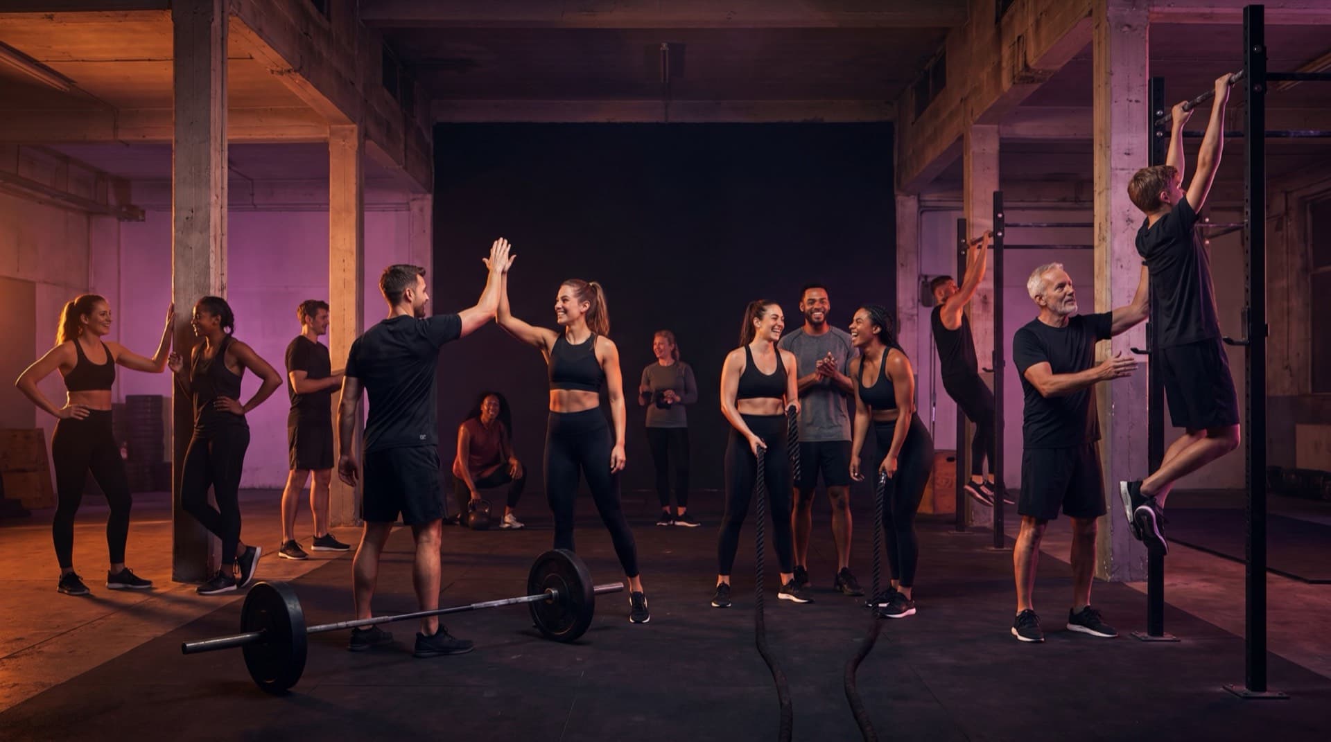 A diverse fitness community training and supporting each other in a gym