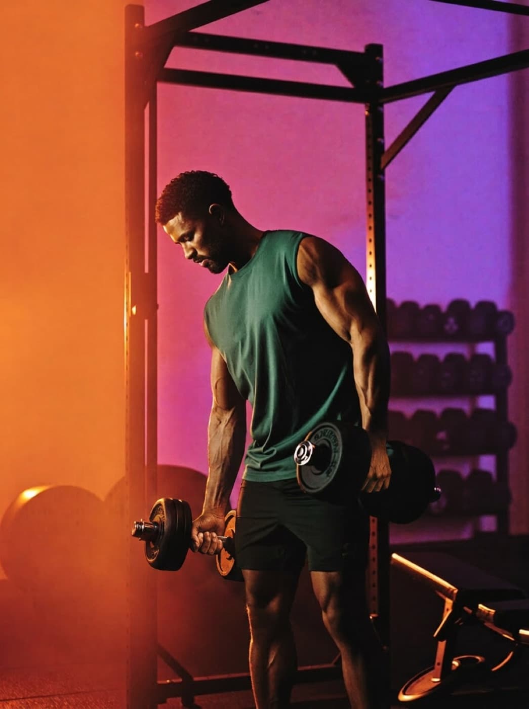 Athlete selecting a dumbbell in a dark gym lit with orange and purple